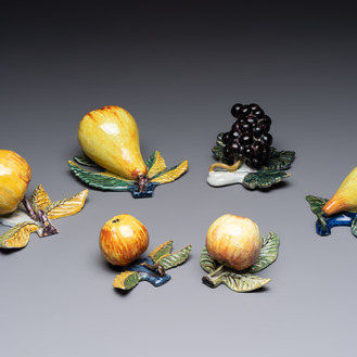 A collection of six polychrome Dutch Delft hanging fruits, 18th C.