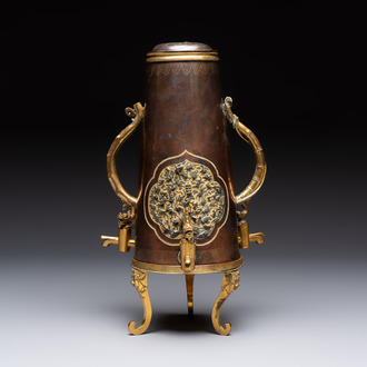 A rare and fine Chinese partly-gilt copper chocolate pot with tripod stand, 18th C.