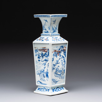 A Chinese blue, white and copper-red square-sectioned vase with figural design, Kangxi