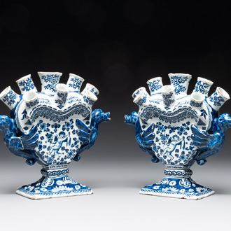 A pair of blue and white Dutch Delft heart-shaped tulip vases, early 18th C.