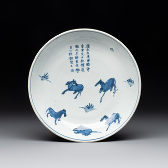 A Chinese blue and white ko-sometsuke 'horses and poem' plate for the Japanese market, Tianqi