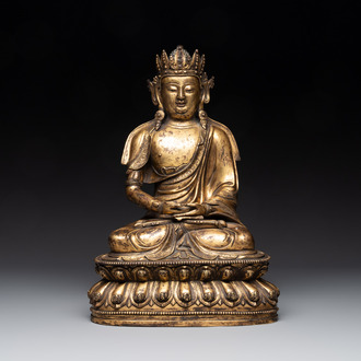 A large Sino-Tibetan gilt bronze Buddha, Xuande mark, possibly Ming