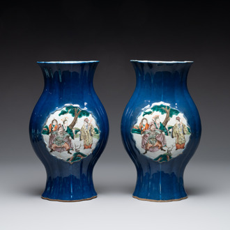 A pair of Chinese famille verte blue-ground lobed vases with figural design, 19th C.