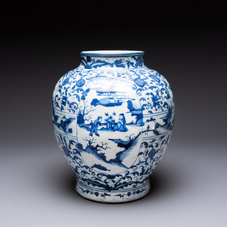 A large Chinese blue and white baluster vase with figures and landscapes, Transitional period