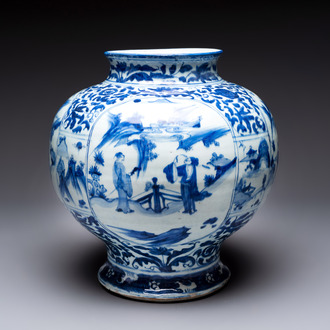 A Chinese blue and white vase with figures and landscapes, Transitional period