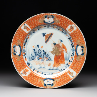 A Chinese Imari-style 'Parasol Ladies' plate after Cornelis Pronk, Qianlong