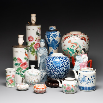 13 Chinese blue, white, famille rose, verte and qianjiang cai wares, 19/20th C.