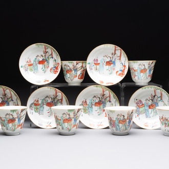 Six fine Chinese famille rose 'Xi Xiang Ji' cups and saucers, Xianfeng mark and of the period