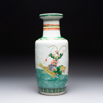 A Chinese famille verte rouleau vase with immortals, 19th C.