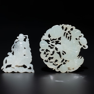 Two Chinese white and celadon jade 'crane' and 'deity' plaques, Qing