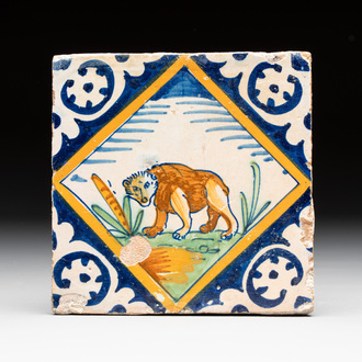 A polychrome Dutch Delft maiolica 'bear' tile, late 16th C.