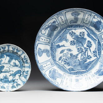 A Chinese blue and white 'kraak' dish and a plate with deer and birds, Wanli