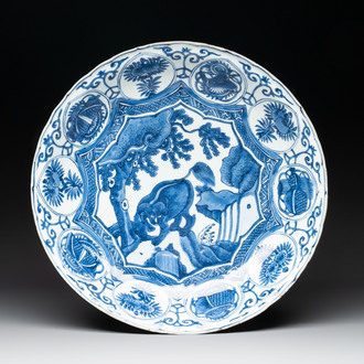 A Chinese blue and white 'kraak' dish with a lion, Wanli