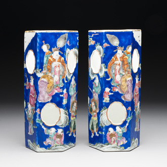 A pair of unusual Chinese blue-ground famille rose 'Eight Immortals' hat stands, Tongzhi mark and of the period