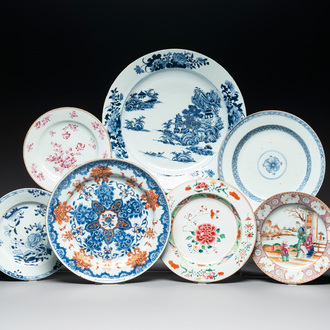 Seven Chinese blue, white, Imari-style and famille rose plates, Kangxi/Qianlong