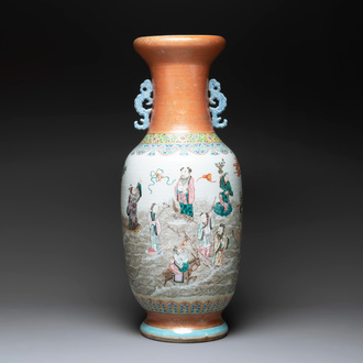 A large Chinese famille rose coral-red-ground  'Eight Immortals' vase, Qianlong mark, 19th C.