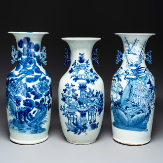 Three Chinese celadon-ground blue and white vases, 19th C.