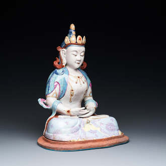 A Chinese famille rose sculpture of Buddha Amitayus on a stand, 19/20th C.