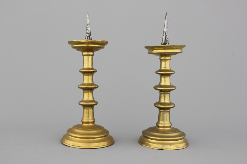 A pair of Nuremberg brass pricket candlesticks, ca. 1500