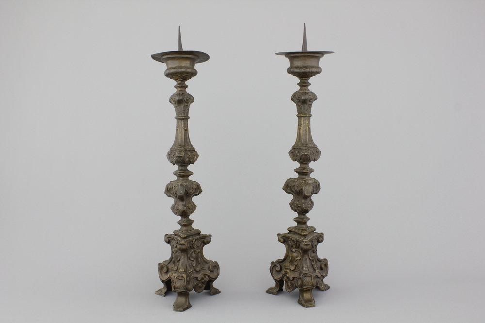A pair of large brass and bronze candlesticks, Italy, ca. 1700