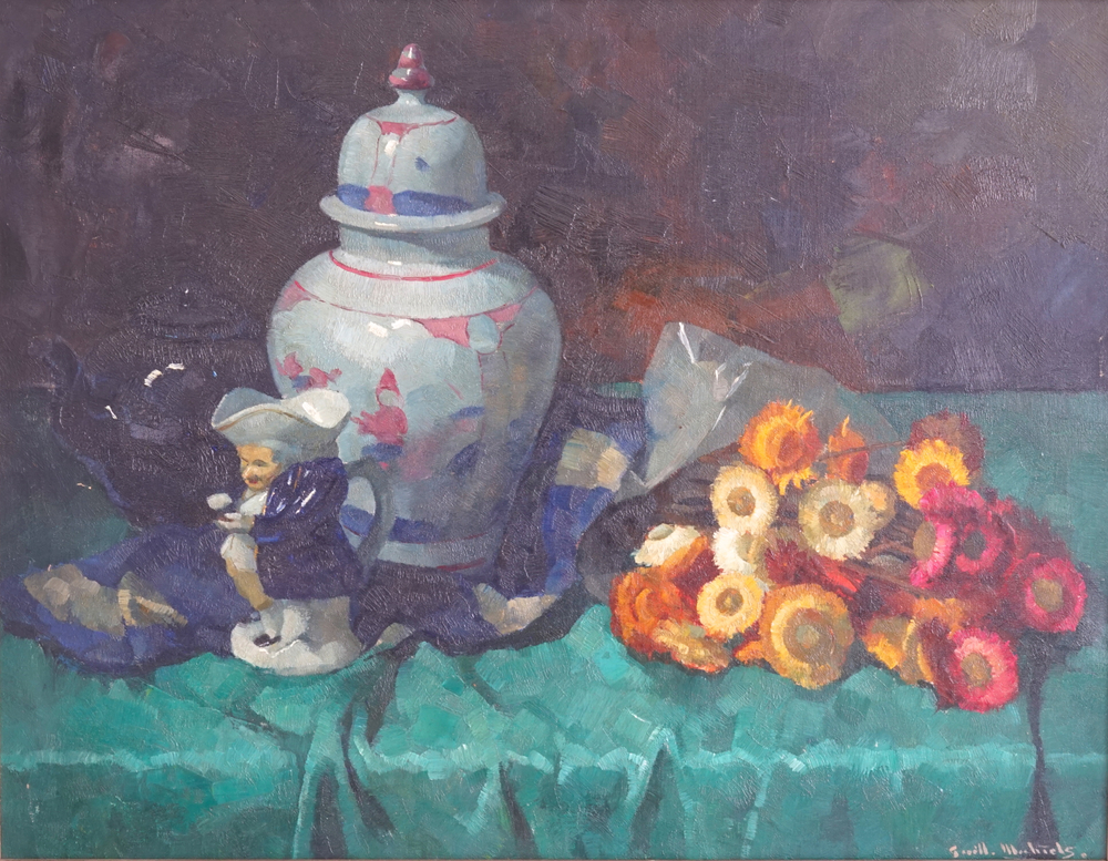 Guillaume Michiels (1909-1997), Stilleven met bloemen en aardewerk