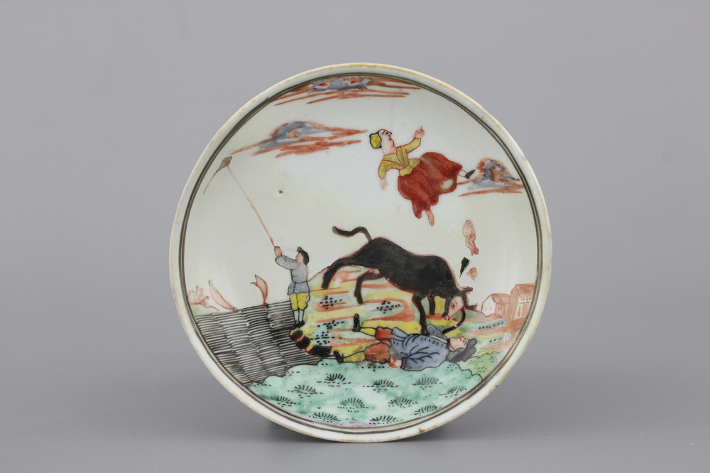 A Dutch-decorated Chinese porcelain saucer showing &quot;The miracle of Zaandam&quot;, dated 1747