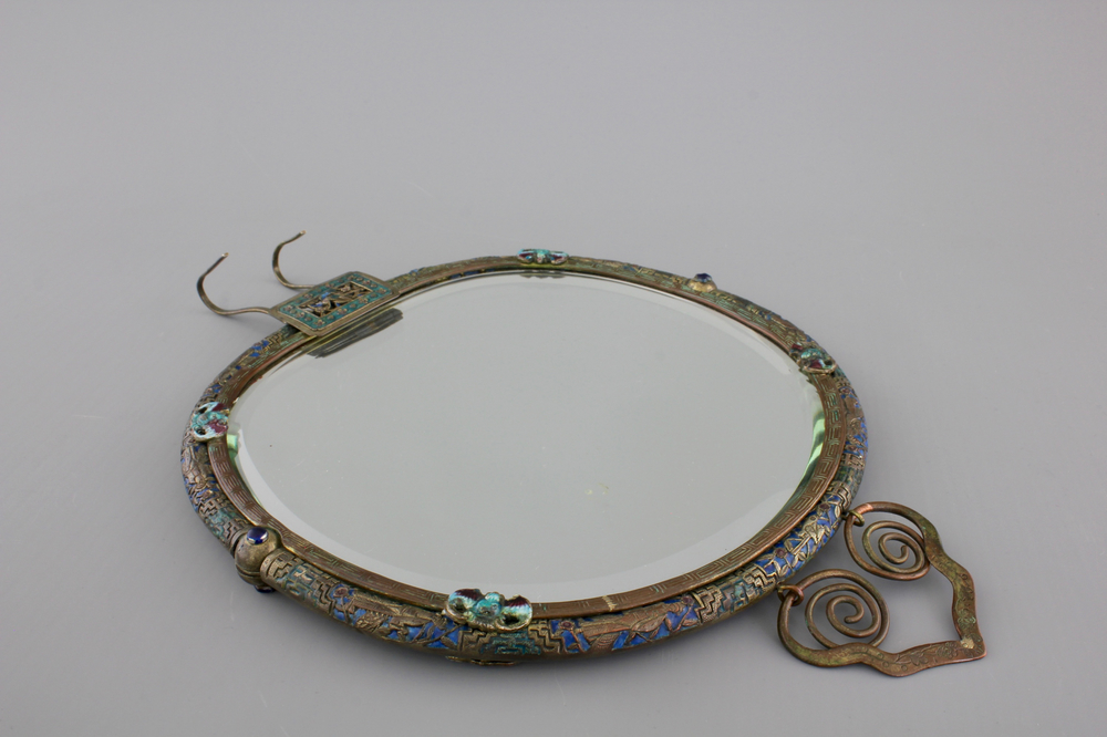 A Chinese enameled silver and bronze hanging mirror, late Qing dynasty