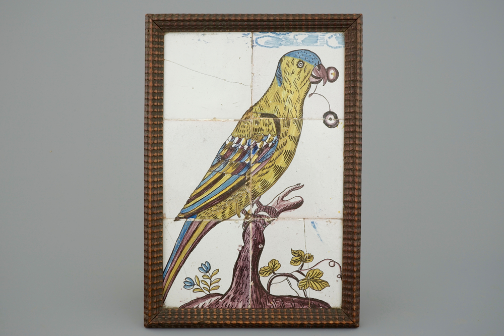 A polychrome tile plaque or panel with a parrot, Lille, 18th C.