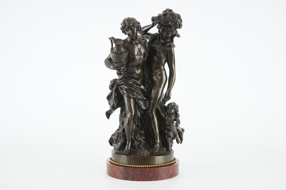 Naar Claude Michel Clodion (1738-1814), Twee Bacchanten met een kind, groep in brons, 19e