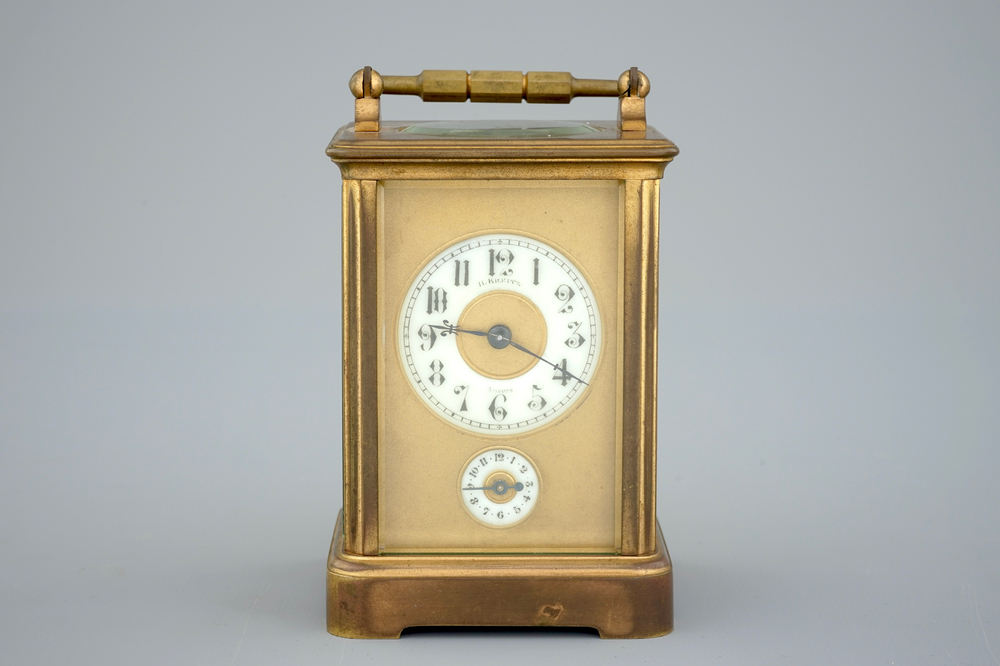 A bronze carriage clock, 19th C., the work signed H. Kreitz, Antwerp