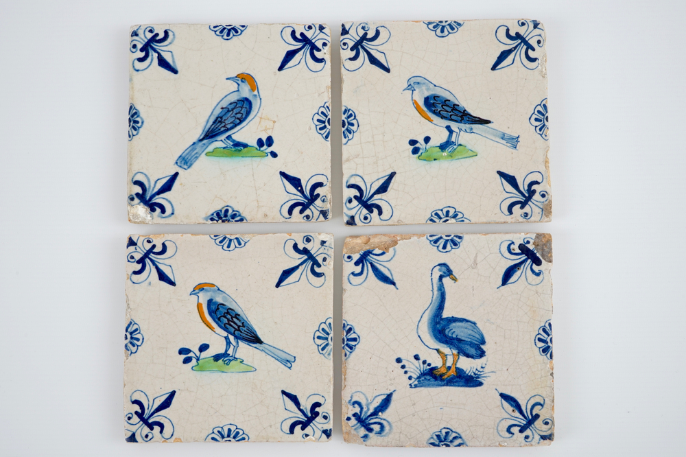 4 polychrome Dutch Delft tiles with birds, first half 17th C.