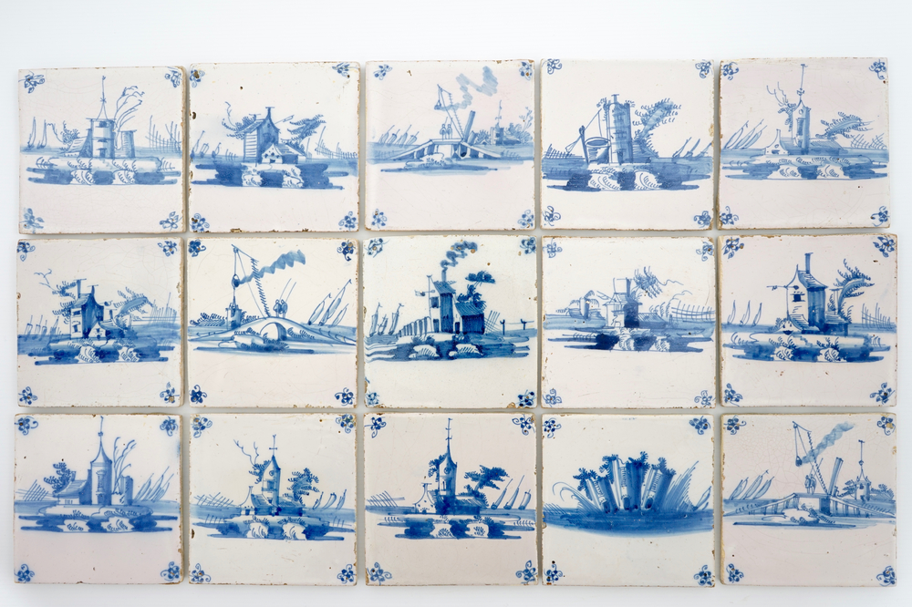 A set of 15 fine antique Dutch Delft blue and white landscape tiles, 18th C.