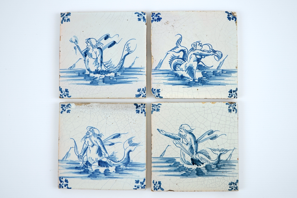 Een set van 4 Gentse tegels met zeewezens, 17e eeuw