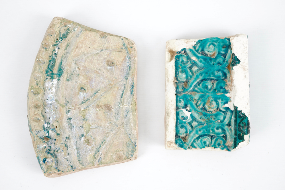 Two turquoise glazed Kashan tiles, Central Persia, 13th C.