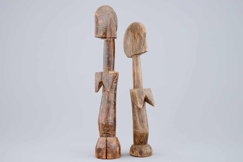 Two African carved wood figures of fertility dolls, Mossi, Congo, mid 20th C.