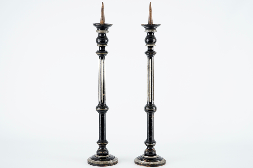 A pair of tall painted wood candle sticks, France, 19th C.