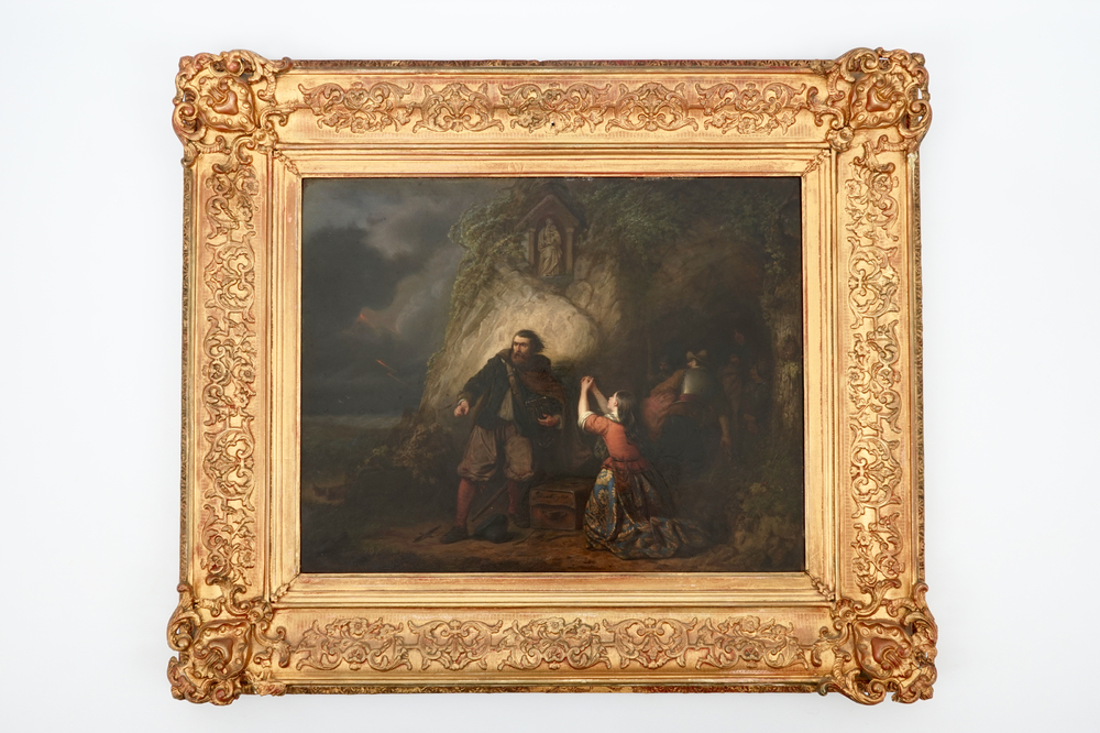 A coastal scene with soldiers, oil on panel, illegibly signed &amp; dated 1850