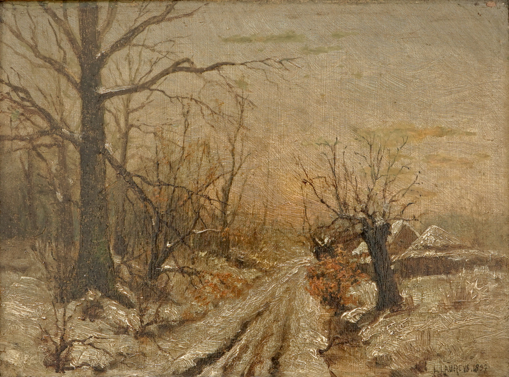 L. Laureys, a snowy winter landscape, oil on panel, dated 1897