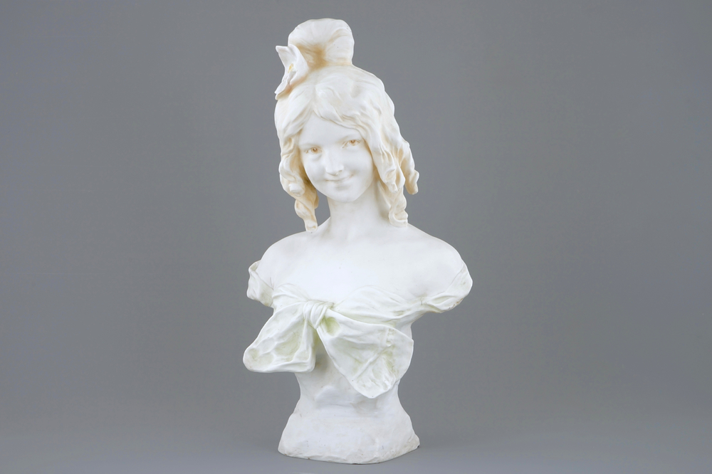 Affortunato Gory (1895-1925), an art nouveau bust depicting a young lady, biscuit, early 20th C.