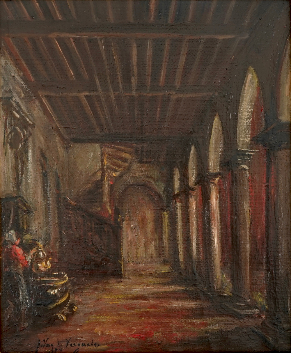 Jules Van de Veegaete (1886-1960), an interior with a row of columns, oil on canvas, dated 1934