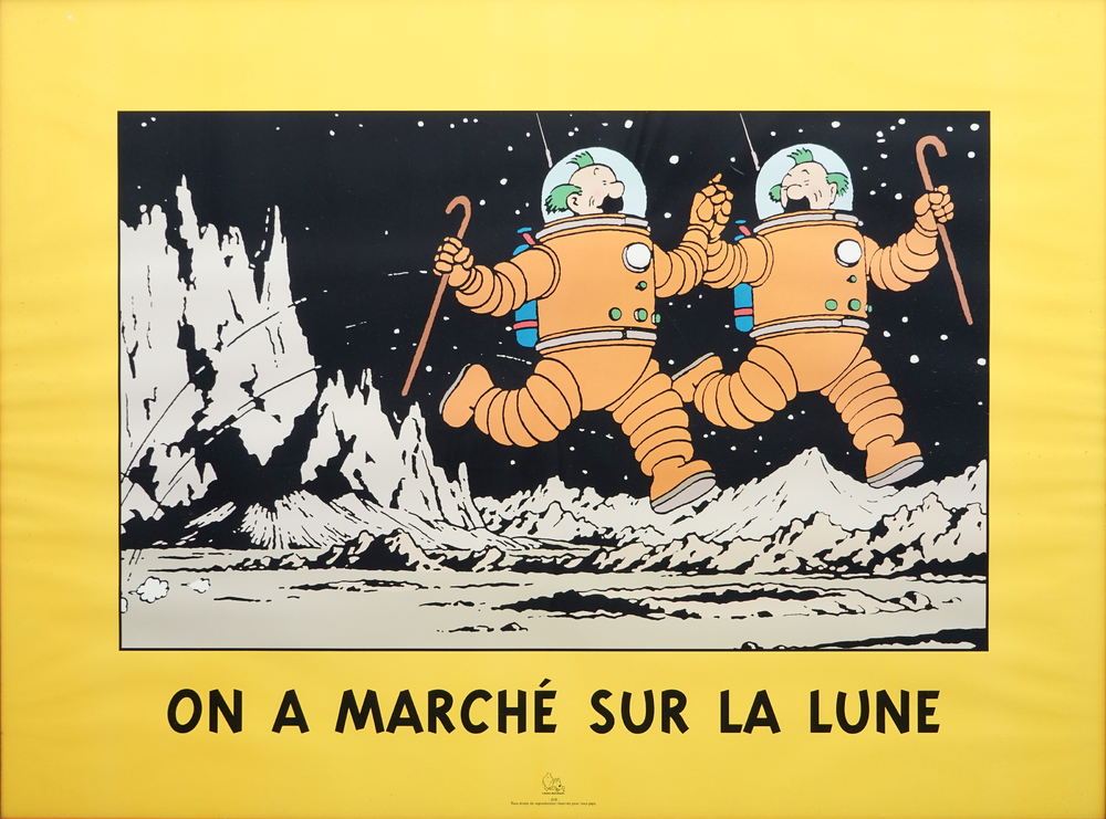 A large framed Tintin poster: &quot;On a march&eacute; sur la lune&quot;, by Herg&eacute; / Moulinsart