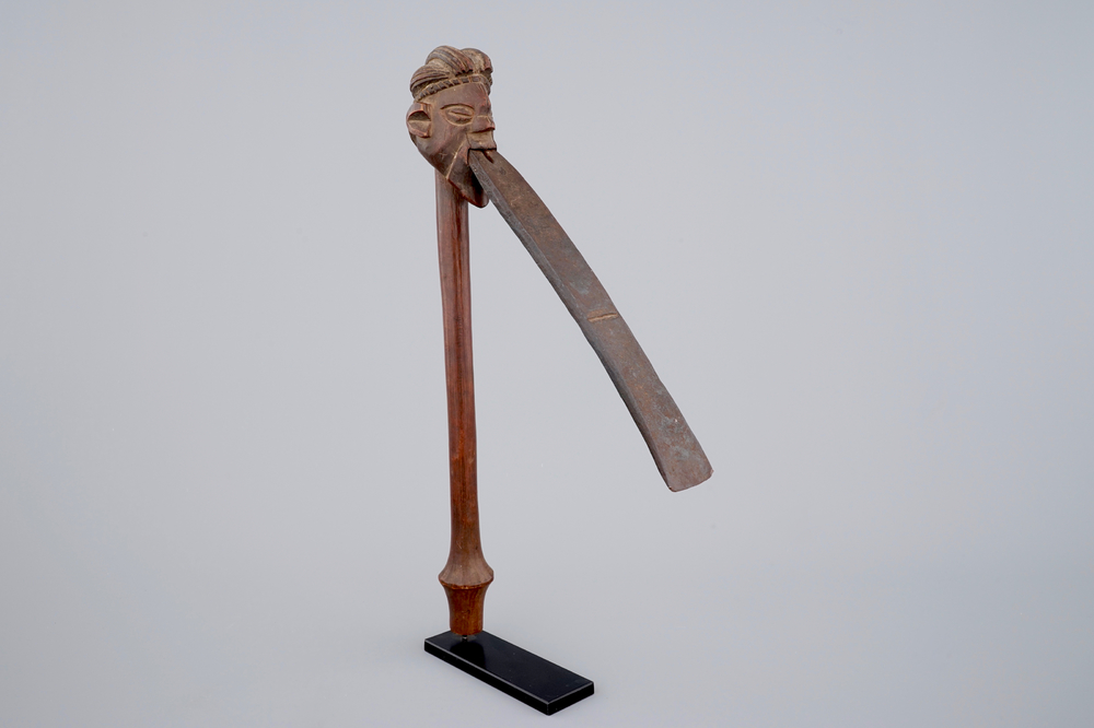 An African carved wood and metal axe, Luba, Congo, mid 20th C.