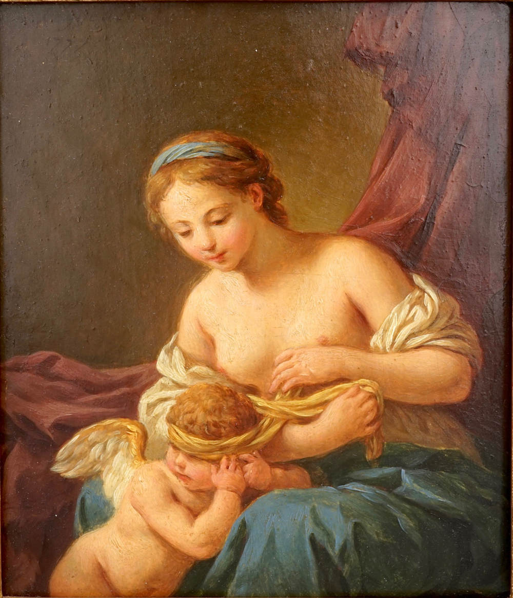 Franse School, Venus en Amor, olie op paneel, 18e eeuw