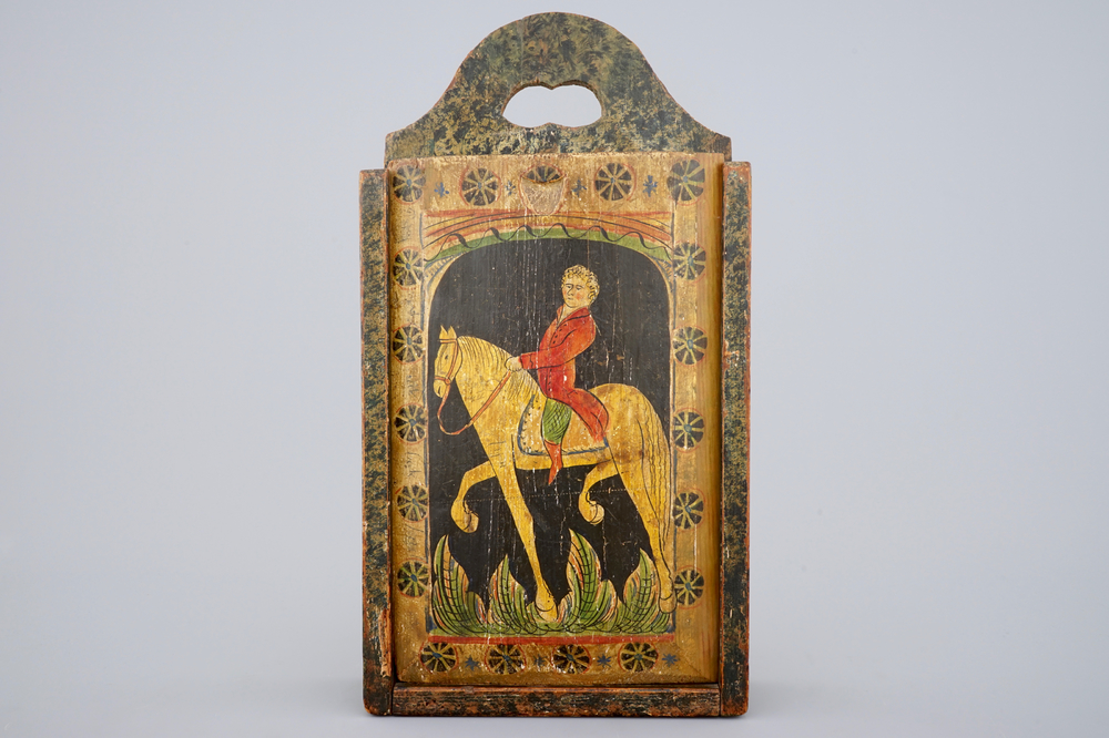 A Dutch painted wood school bag of orangist subject, 18th C.