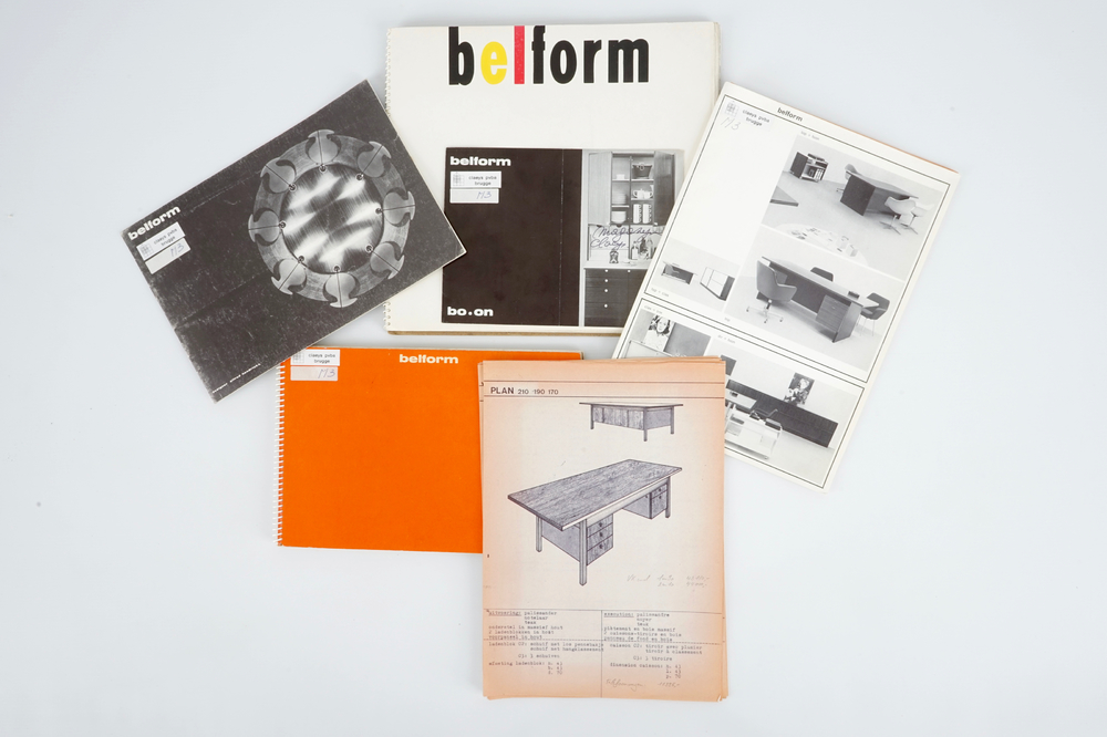 Various catalogues and photos of 20th C. design furniture: Belform, Fritz Hansen, Arne Jacobsen, ...