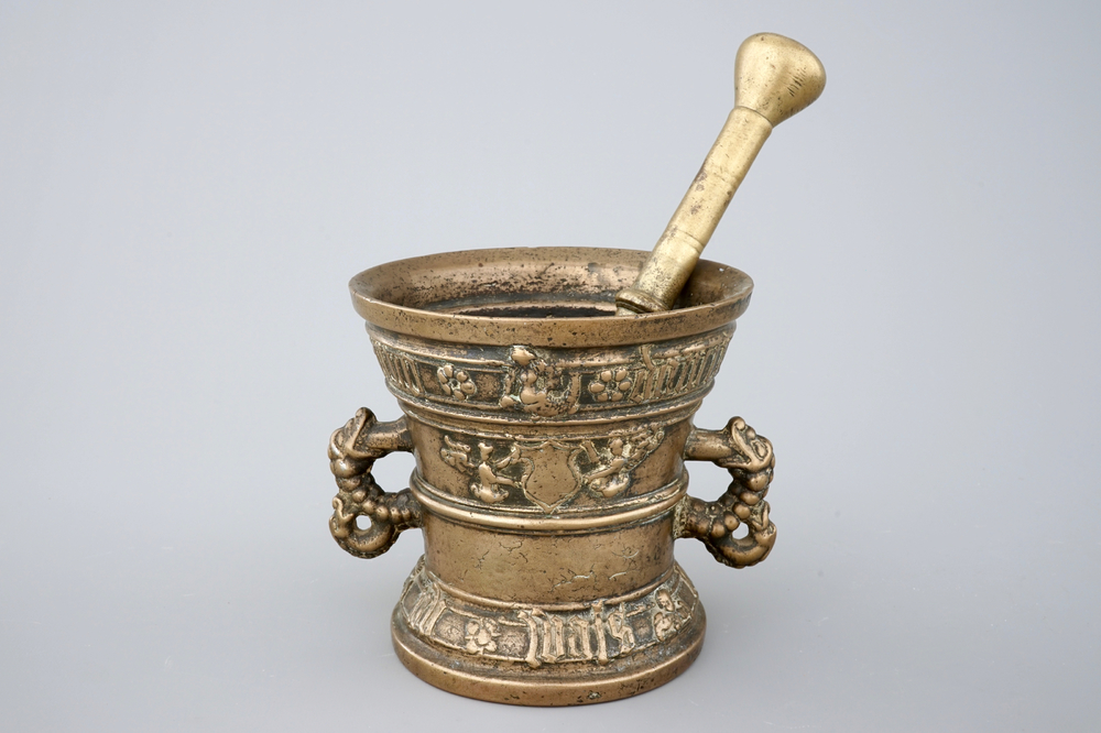 A bronze mortar with pestle, Wilhelm Hachman, Cleve, Germany, 3rd quarter 16th C.