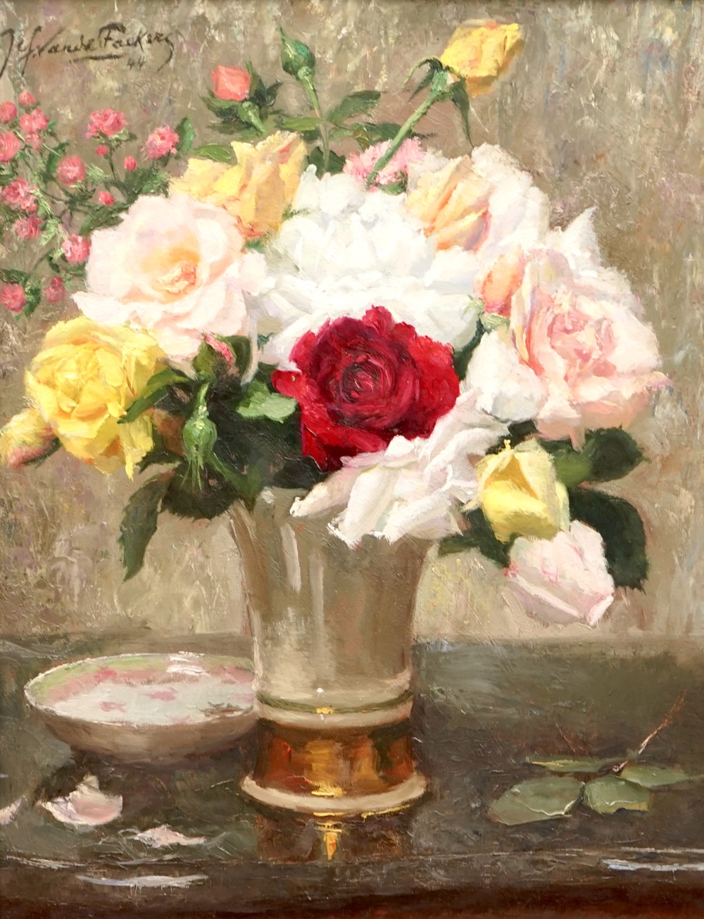 Jef Vandefackere (1879-1946), a still life with roses, dated 1944, oil on canvas