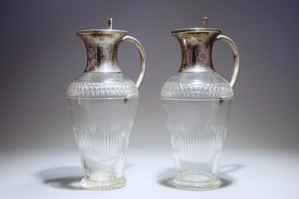 A pair of silver-lidded crystal flasks, prob. Germany, 19th C.