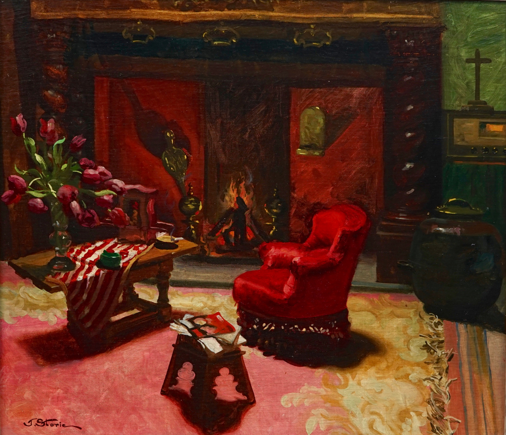 Vergelding Schijnen vragenlijst José Storie (1899-1961), Interieur met open haard (Le Foyer), olie op doek  - Rob Michiels Auctions