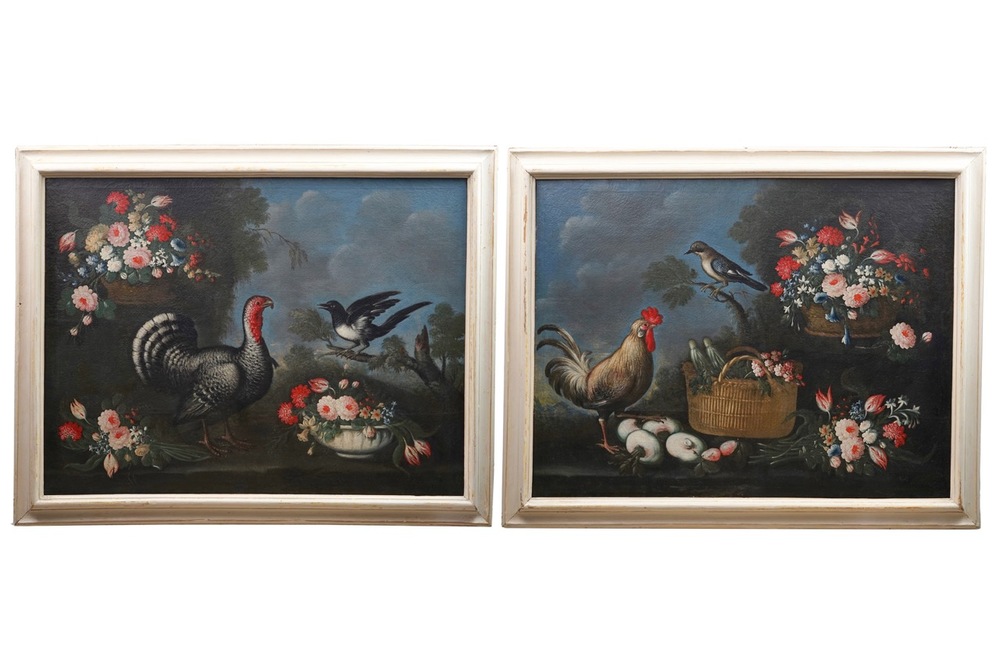 Italiaanse school, Een groot paar stillevens met vogels en bloemen, olie op doek, 17/18e eeuw